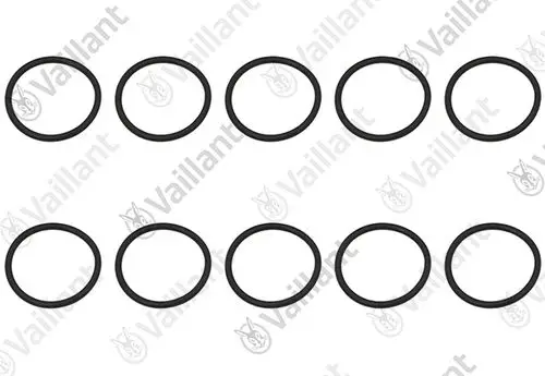 Schwarze O-Ringe in unterschiedlichen Größen, angeordnet in zwei Reihen, mit der Marke Vaillant im Hintergrund.